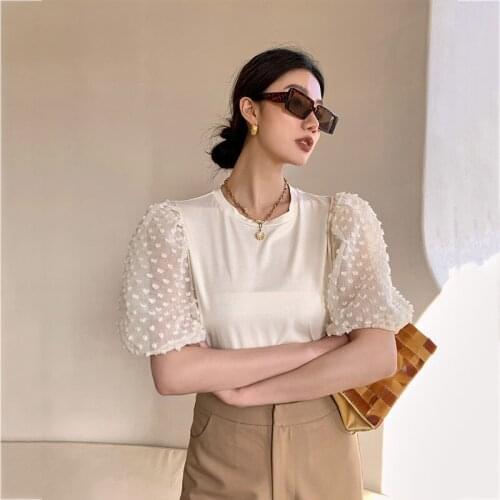 Women Black Mesh T-shirt New Round Neck Short Puff Sleeve Female Fashion Tide Summer 2021 New Arrivals Z335