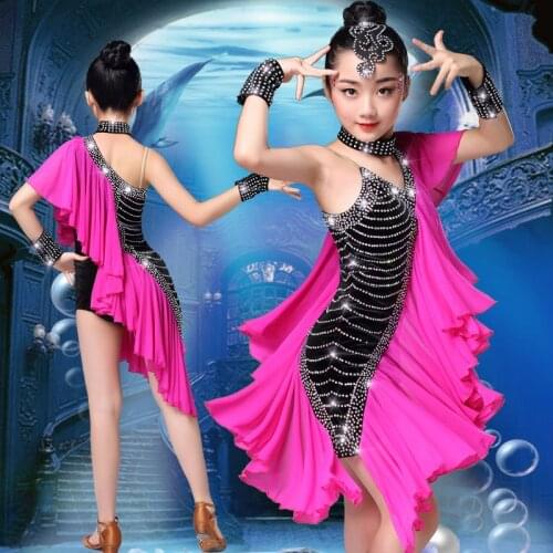 Pink Girls Professional Ballroom Latin Salsa Dance Wear dress Competitions Costumes Sequin Dancing dress Stage Outfits for Kids