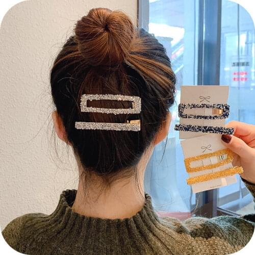 2 Pcs/set Solid Rhinestone Hair Clips Korean Bling Geometry Hairpins for Women Girls Crystal Bangs BB Clip Hair Accessories