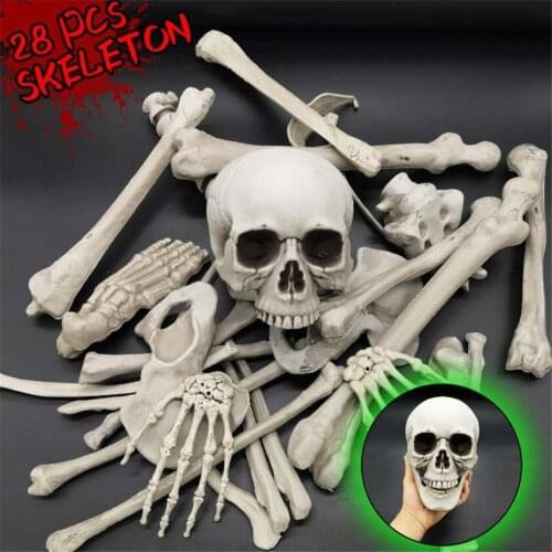 28 Pcs Halloween Prank Haunted House Burial Lifelike Skeleton Bones Skull Head And Hands Graveyard Scene Cosplay DIY Scary Decor