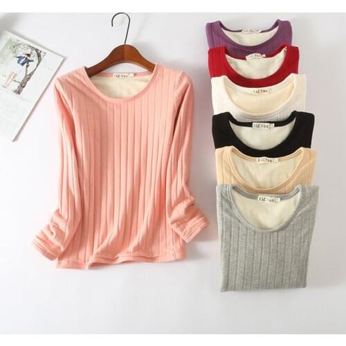 Winter new round neck solid color blouse long-sleeved striped warm clothing plus velvet bottoming shirt, women large size QY005