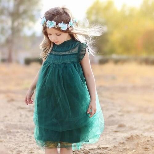 Children Kids 2021 New Baby Girls Summer Lace Tutu Green Dress Sleeve-Less Lovely Fashion Clothing, Red/ Green/ Beige/ Brown