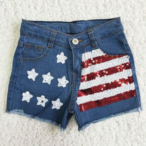 New Arrival July 4th Kids High Quality Denim Shorts Girls Star Pattern And Sequin Jeans For Summer With Button