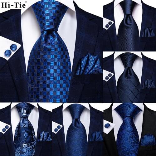 Hi-Tie Navy Blue Striped Solid Silk Men Wedding Tie Gift Necktie For Men Quality Hanky Cufflink Business Party Fashion Designer