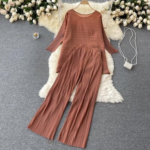 Korobov Korean Elegant Solid Summer Women Suits O Neck Long Sleeve and High Wasit Wide Leg Pants 2 Pieces Sets