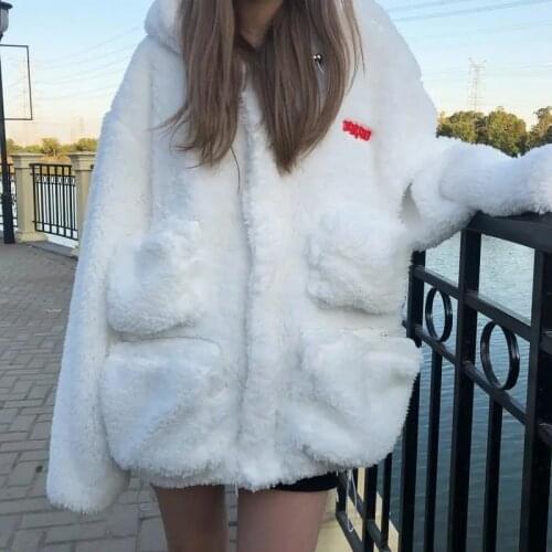Korean wool lamb warm cardigan punk hooded jacket women winter casual long-sleeved loose vintage Harajuku streetwear outerwear