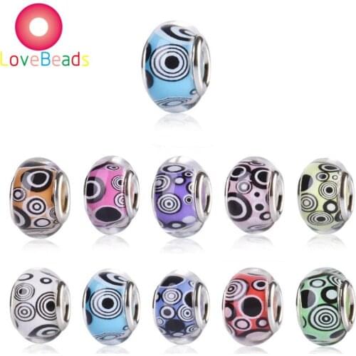 10 Pcs Round Loop Circle Print Pattern Resin Murano Large Hole European Spacer Beads Fit Pandora Charms Bracelet Chain Jewelry