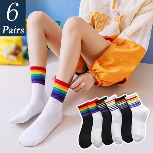 6 Pairs Women Rainbow Striped Cotton Socks Happy Fashion lgbt clothes Colorful Print Socks Spring Autumn Casual Unisex Crew Sock