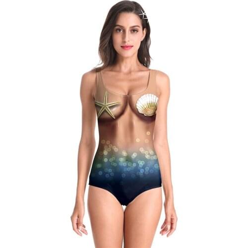 New Women Sexy Low Bust Sleeveless Erotic Lingeire Bikini Bodysuit 3D Printed Chest Tight Costume Ocean Beach Jumpsuit Swimsuit