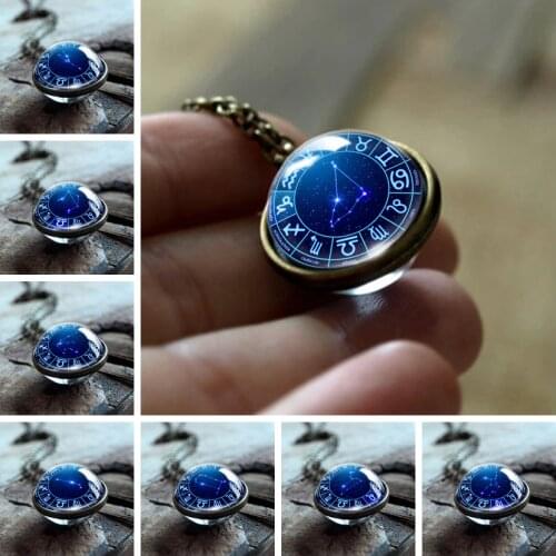 12 Zodiac Double Side Glass Pendant Necklace Leo Virgo Taurus Gemini Scorpio Necklace 12 Constellations Men Women Jewelry