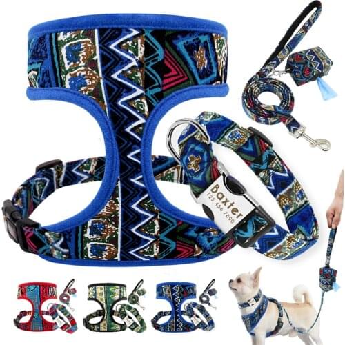 Personalized Dog Collar Leash Harness Poop Bag Holder Portable Custom Small Medium Large Pet Collars Printed For Dogs Cat Puppy