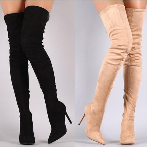 Sexy Solid Stretch Suede High Heel Thigh Boots Pointed Toe Socks Boots Women Over The Knee Boots Outfit Street High Boots