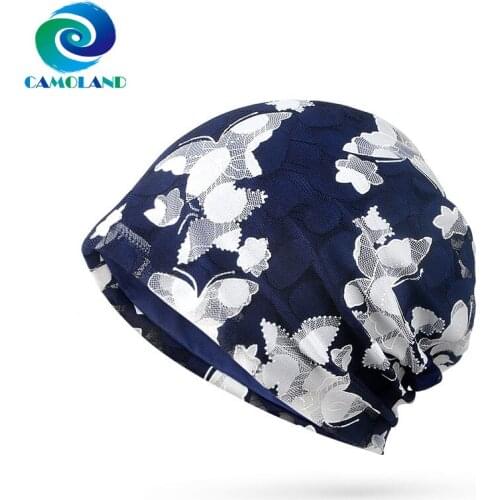 CAMOLAND Spring Summer Lace Hollow Floral Beanies For Women Breathable Skullies Outdoor Casual Cycling Bonnet Hat Scarf Caps