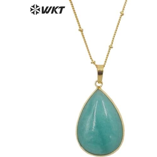 WT-N1292 WKT newest Teardrop Amazons stone pendant necklace gold bezel drop natural stone necklace for Friends Wedding