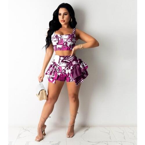 2021 New Arrival Famous Brand 2 pcs Women Set Print Ruffles Spaghetti Strap Short Tops and Shorts Summer Sexy Outfits