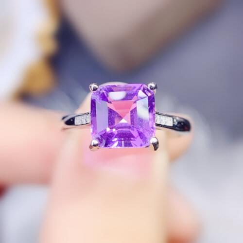 Natural real amethyst square ring Per jewelry 8*8mm 2.5ct gemstone 925 sterling silver Fine jewelry J29175