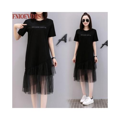New Arrival Summer 2020 Korean Style Women Casual Fashion Patchwork Mesh Letter Print Plus Size M-4XL Elegant Dress 4232