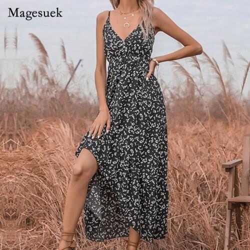 Sexy 2021 New Summer Dresses Vestidos European and American Chiffon Print V-neck Irregular Sling Dress Long Dress Woman 14979