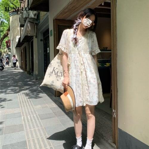 Summer Lace Vintage Floral Dress Women Korean Princess Elegant Party Boho Dress 2021 Chiffon Short Sleeve O-Neck Sweet Dress