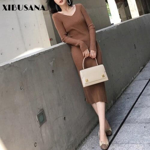 New Office Ladies Knitted Long Dress Autumn Long Sleeve V-neck Women Knitting Pencil Dresses Female Solid Elastic Mujer Vestidos