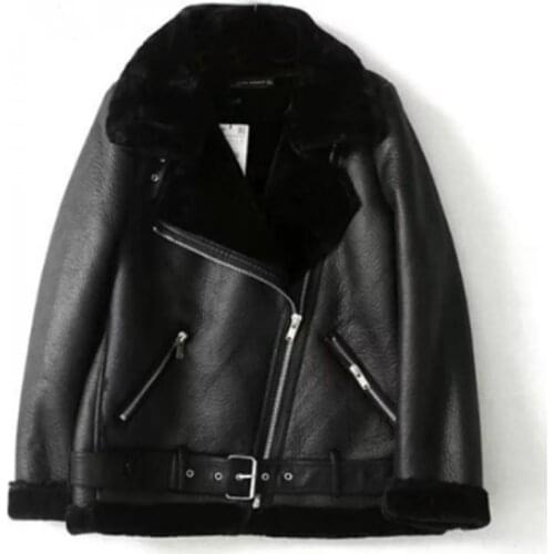 Winter Leather Sheepskin Coat Women Fashion Casual Thicken Faux Fur CoatFur Lining Leather Aviator Jacket