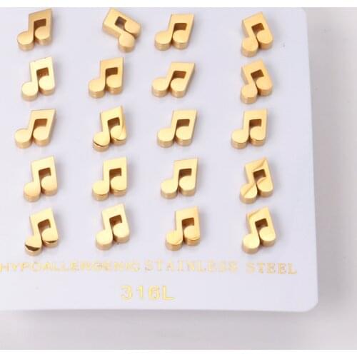 10 Pairs Korean Earrings Musical Notes Stainless Steel Stud Earrings Gold Silver Color Wholesale Accessories Bijoux Female