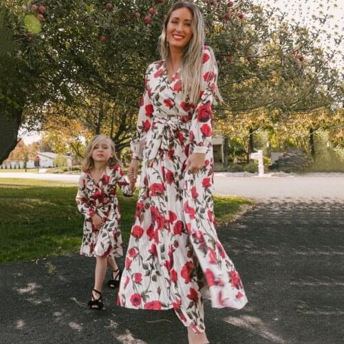Baywell Spring Autumn Flower Printed Dress For Mother And Daughter Floral Dress Parent-child Suit Long-sleeved Chiffon Dress