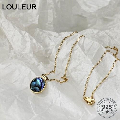 Louleur Sterling 925 Silver Abalone Shell Necklace Elegant Blue Round Small Pendant Necklace for Women 925 Chic Jewelry Gifts