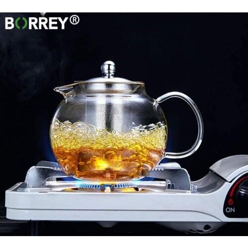 BORREY Clear Borosilicate Glass Teapot with Removable 304 Stainless Steel Infuser Stove Safe Loose Leaf Tea Pot Tool Kettle Set