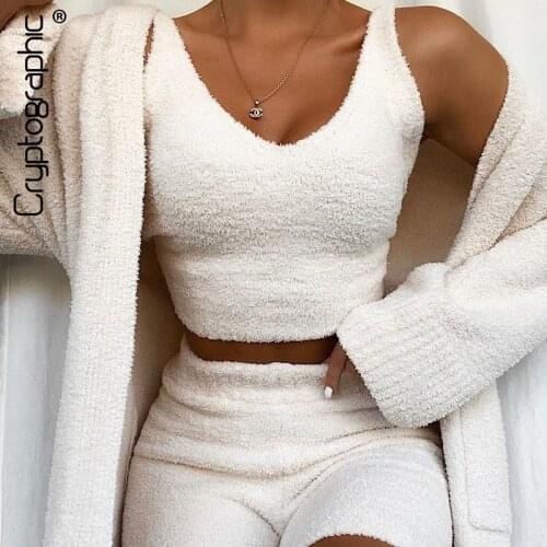 Cryptographic Fur Two Piece Outfits Sexy Sleeveless Crop Tops Women Outfits Top and High Waist Shorts Party Clubwear Autumn 2020