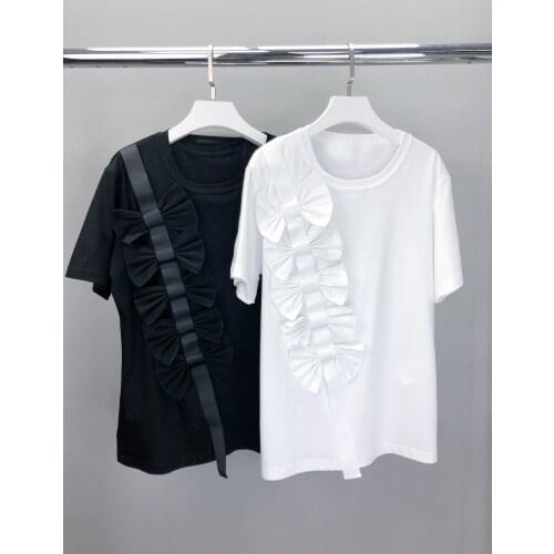 Elegance 2021SS Summer New Fashion Women Bow Casual T-Shirt Tee Ladies Luxury Tops 2 Color Ddxgz2 4.07