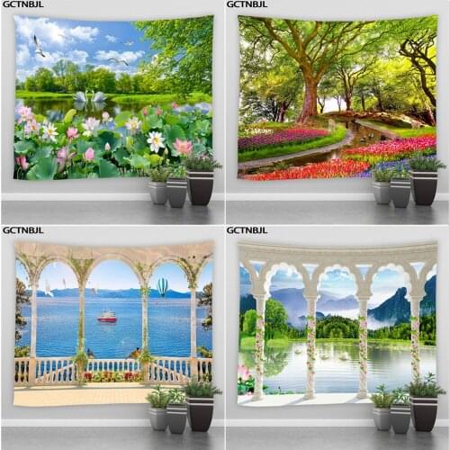 Landscape Tapestry Forest Trees Elk Lake Mountain Ocean Beach Natural Scenery Hippie Wall Hanging Tapestries Bedroom Big Blanket