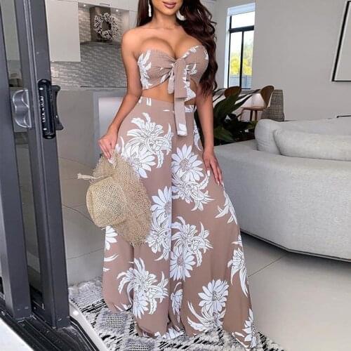 2021 New Women Sets Fashion Boho Floral Print Two Pieces Set Female Sexy Bra Corset Top High Waist Wide Leg Pants 2pcs Sets