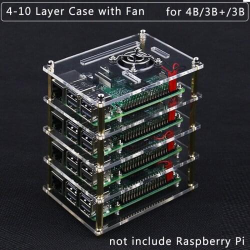 4-10 Layer Raspberry Pi 4 Model B Acrylic Case Enclosure Shell + Cooling Fan + Metal Cover for Raspberry Pi 4B/3B+/3B/2B