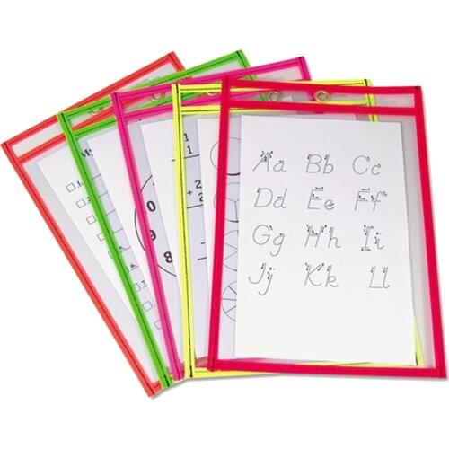 5PCS Reusable Clear PVC Dry Erase Pockets Sleeves + 3PCS Pens for Office Classroom Organization Teaching Supplies Random Color