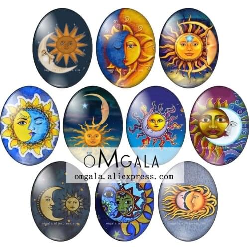Cartoon Sun and Moon Art Paintings mixed 13x18mm/18x25mm/30x40mm Oval photo glass cabochon flat back Making findings