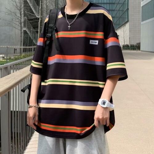 2021 summer striped short-sleeved t-shirt male ins tide brand Hong Kong style loose Korean trend round neck half-sleeved top