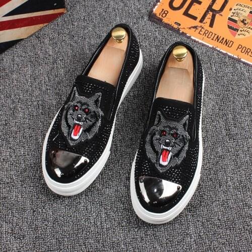 British style mens fashion party nightclub wear original leather flats shoes wolf design platform shoe rhinestone summer loafers