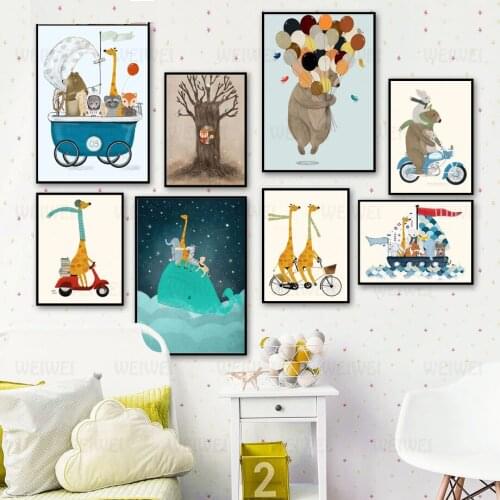 Wall Pictures Kids Room Decor Raccoon Tree Sea Animals Wall Art Cute Bear Fox Giraffe Canvas Painting Nordic Posters and Prints