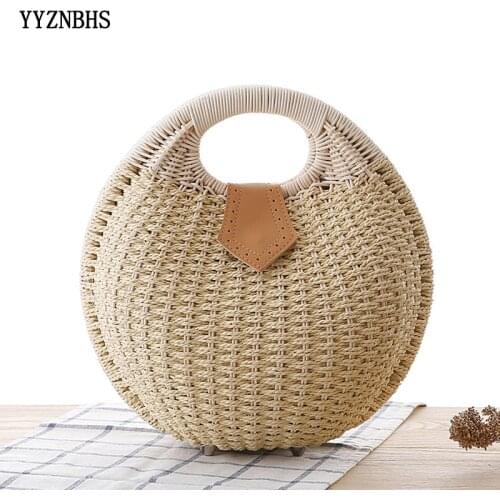 New Women Shell Solid Color Straw Bags Handbags Female Bohemian Beach Vacation Bags Ladies Summer Handmade Woven Rattan Tote Bag