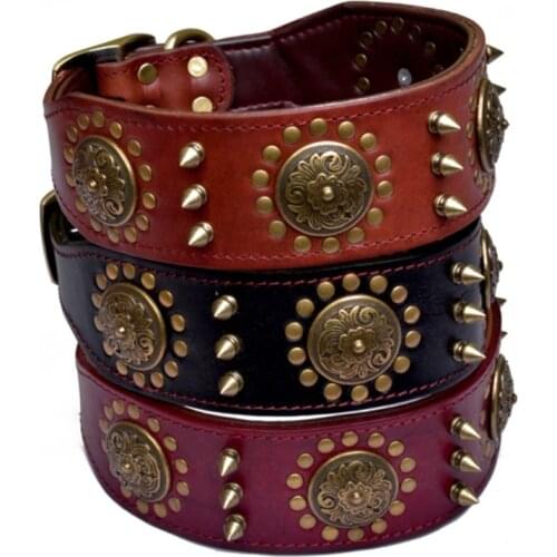 Genuine Leather Dog Collar Studded Soft Padded Inside Brown Leather Spiked Studded Adjustable Stylish Leather Dog Collar