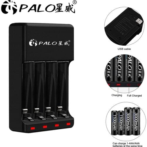PALO 4 Slots 1.2VAAA AA Rechargeable Battery Chargers LED Light Smart battery Charger NI-MH NI-CD aa aaa Chargers with USB cable