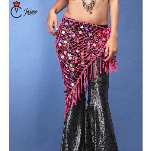 Towel sequined scarf Belly Dance Clothes Accessories Stretchy Long Tassel Triangle Belt Hand Crochet Sequin Hip Scarf Coin Belt