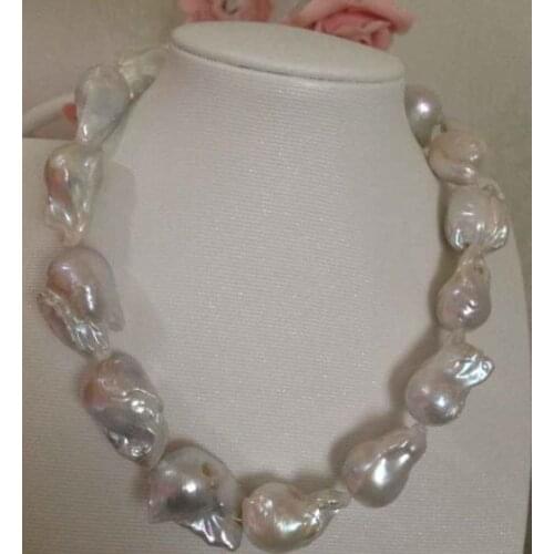 Gorgeous 30-35mm south sea baroque white pearl necklace 18inch 925s