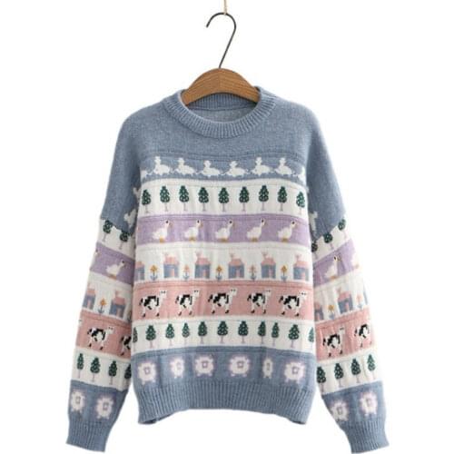 Cute Cartoon Animal Embroidery 2021 Womens Sweater Kawaii Loose Harajuku Clothing For Long Sleeve Sweet Style Knitted Pulloer