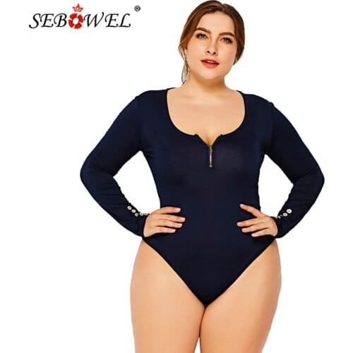 SEBOWEL Autumn Womans Plus Size Long Sleeve Zip Button Basic Bodysuits Spring Casual Ladies Body Top Clothes Big Size XL-6XL