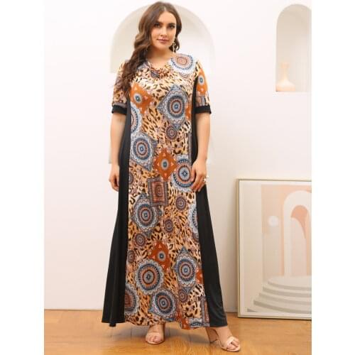 5XL Plus Size Summer Dress 2021 Women Short Sleeve Retro Floral Print Patchwork Vintage Dress Loose Oversized Maxi Long Dresses