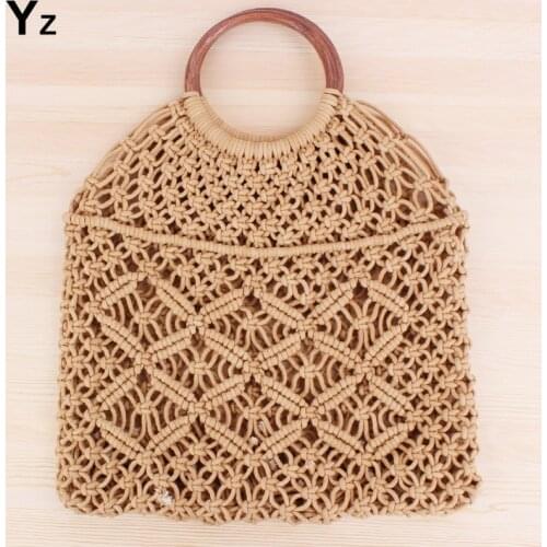 Aaby 2021 Fashion Cotton Rope String Bag For Women High Quality Casual Tote With Big Wooden Circular Ring