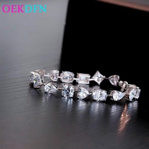 OEKDFN Real 925 Sterling Silver Bracelet Heart Moissanite Diamonds Gemstone Charm Bracelets Bangle Wedding Engagement Jewelry
