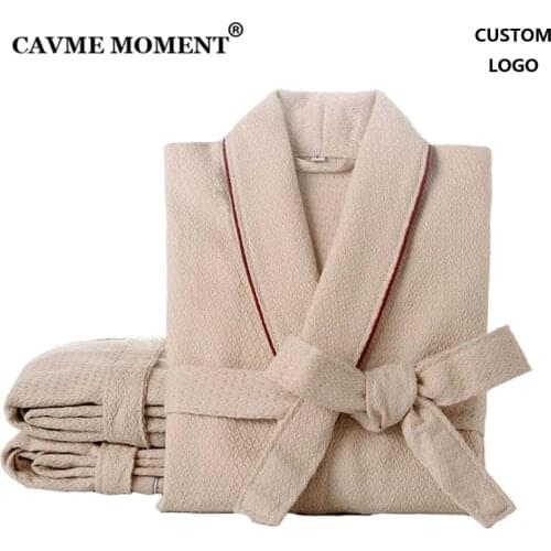 CAVME Waffle Bathrobe Cotton Kimono Hotel Robe for Women Family Mens Sleepwear Hooded Nightgown V-Neck Plus Size CUSTOM LOGO